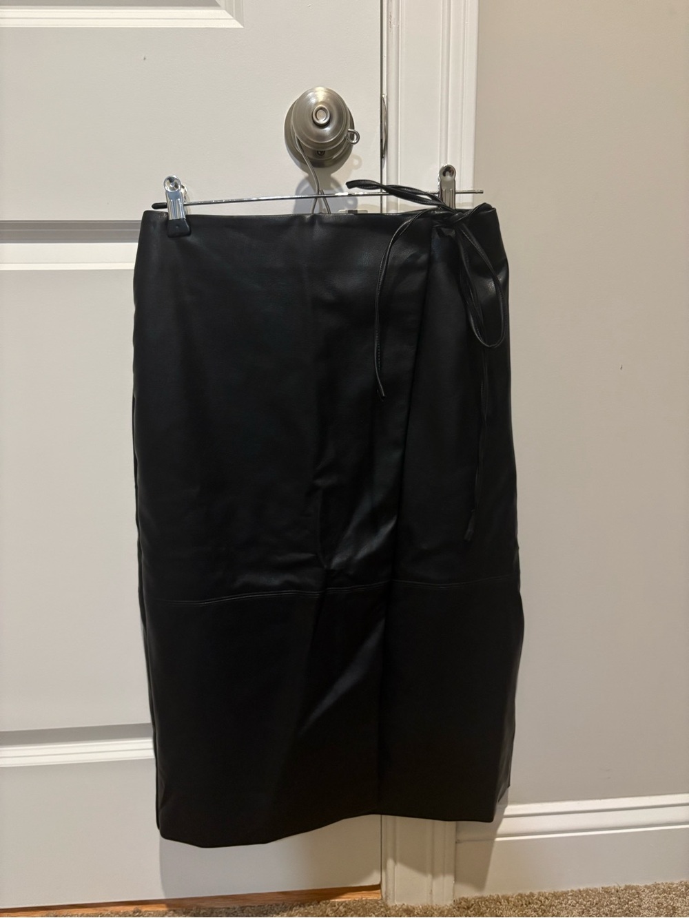 Anthropologie Black Faux Leather Tie-Waist Midi Skirt